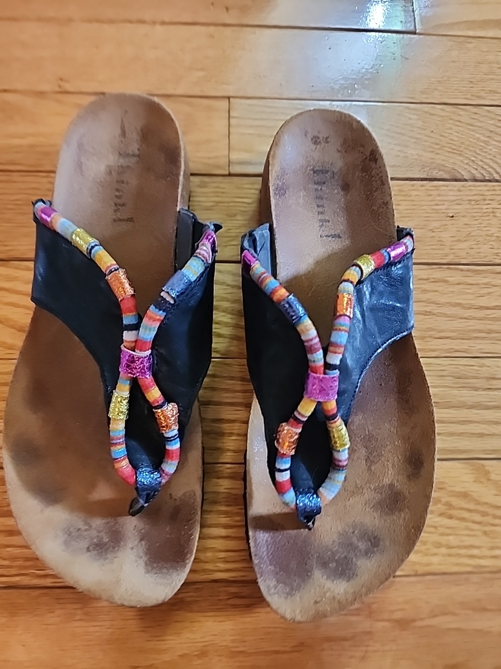 Think! Julia Rope Black Leather Multicolor Beaded Flipflop Thong Sandals